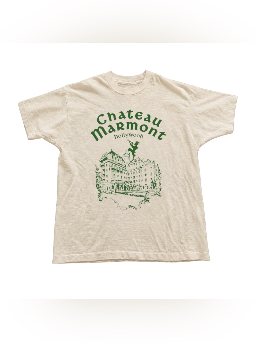 Off White Tee with Green Chateau Marmont Graphic